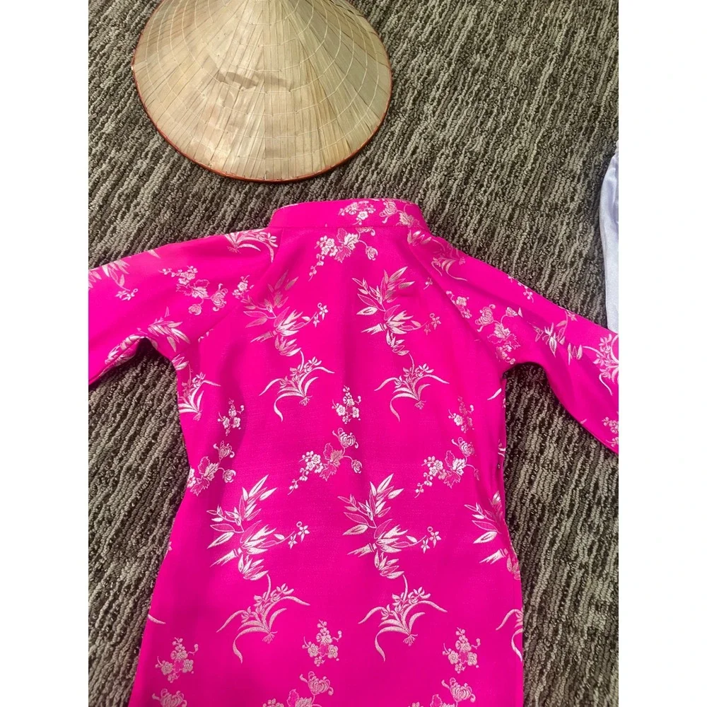 Kids Pink Vietnamese Ao Dai Floral Tunic White Pants and Conical Hat Set Size 2